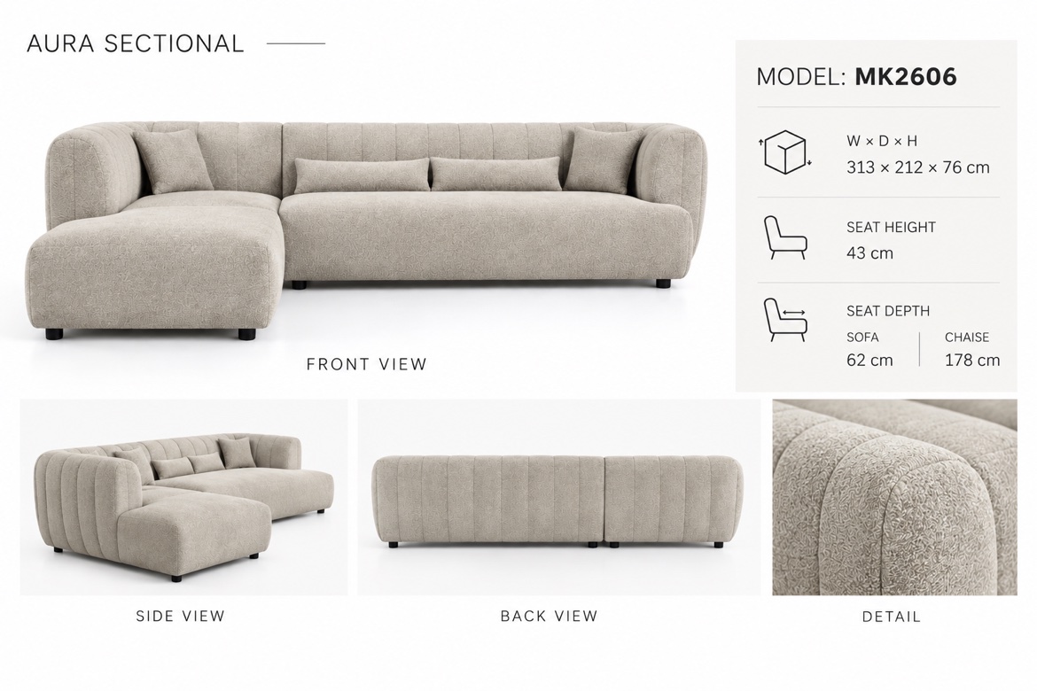 Aura MK2606 dimensions: 313 x 212 x 76 cm, seat height 43 cm, front/side/back views