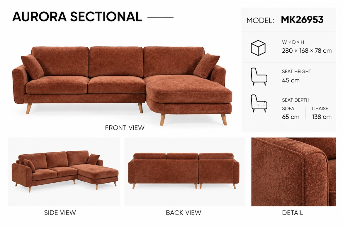 Aurora MK26953 dimensions: 280 x 168 x 78 cm, seat height 45 cm