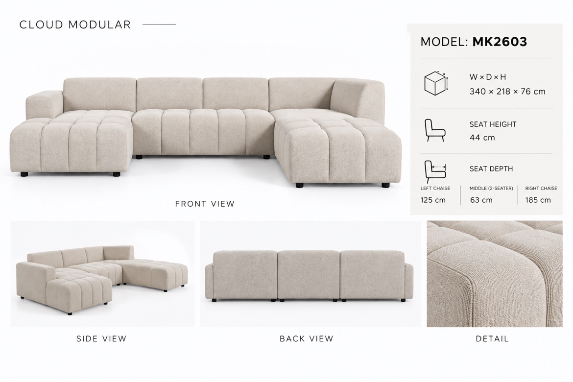 Cloud MK2603 dimensions: 340 x 218 x 76 cm, seat height 44 cm, front/side/back views