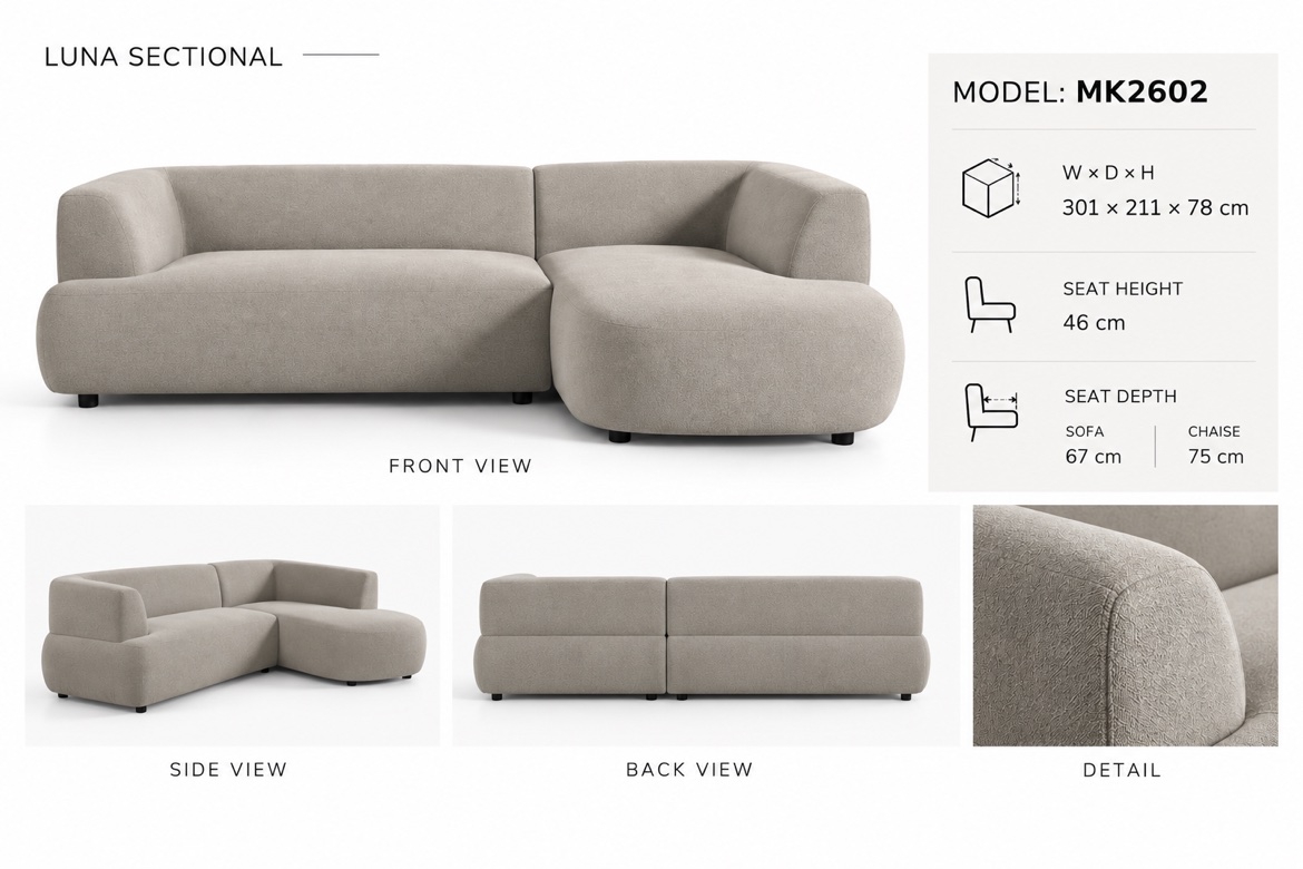 Luna MK2602 dimensions: 301 x 211 x 78 cm, seat height 46 cm, front/side/back views